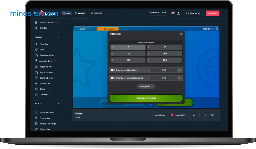 O jogo Mines Blaze apresenta um modo de jogo automático com configurações flexíveis