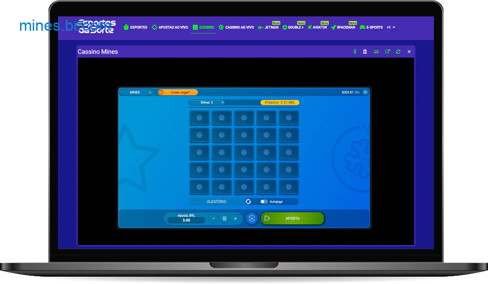 A interface do jogo Mines no Esporte da Sorte é caracterizada por sua simplicidade e exclusividade