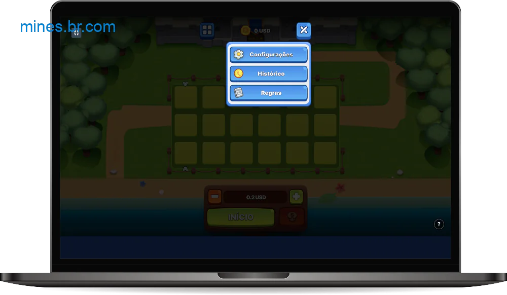 No jogo Royal Mines, o usuário tem acesso a várias configurações, além de visualizar o histórico do jogo