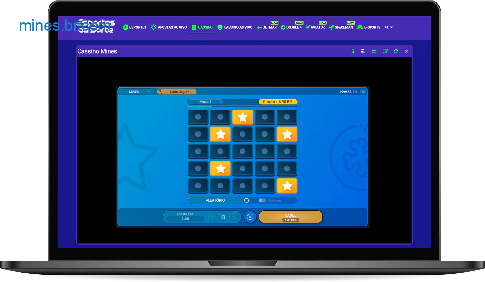 No jogo Mines do Esporte da Sorte Casino, o usuário precisa evitar as minas e desbloquear estrelas
