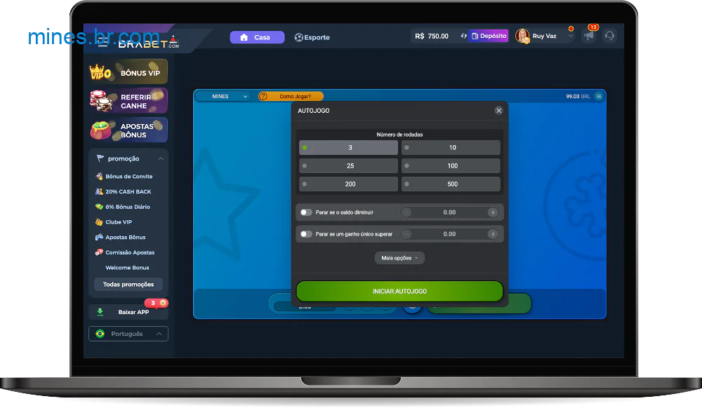 São oferecidas ao usuário configurações adicionais no modo automático do jogo Mines