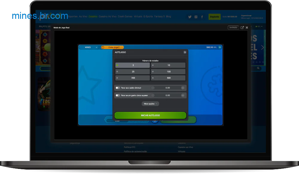 O jogo Mines no Pixbet Casino está disponível no modo de jogo automático