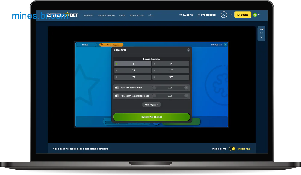 O jogo Mines apresenta um modo automático com configurações flexíveis