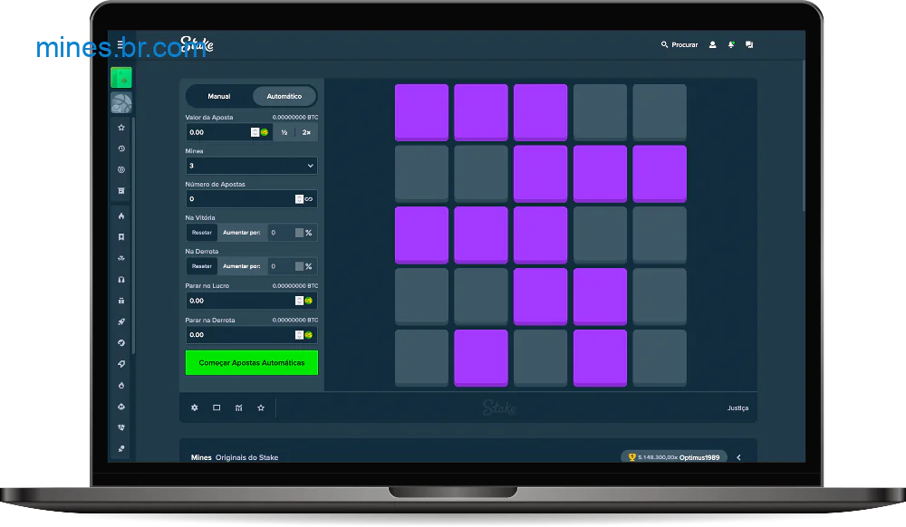 O jogo Mines do Stake Casino apresenta um modo automático