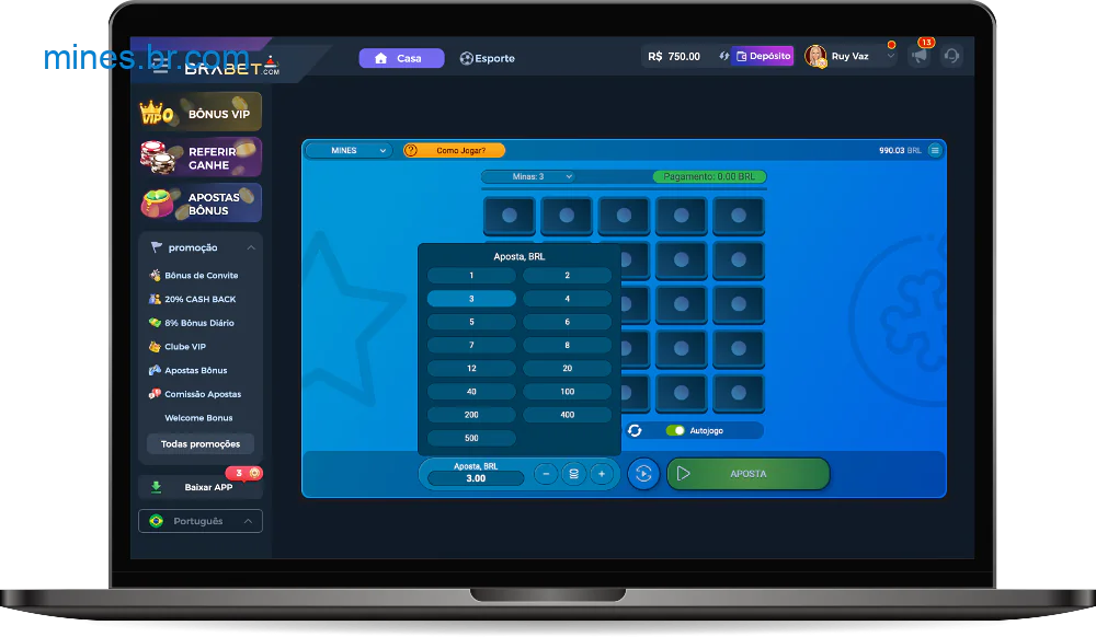 O valor da aposta no jogo Mines do Brabet Casino pode variar de R$ 1 a R$ 500
