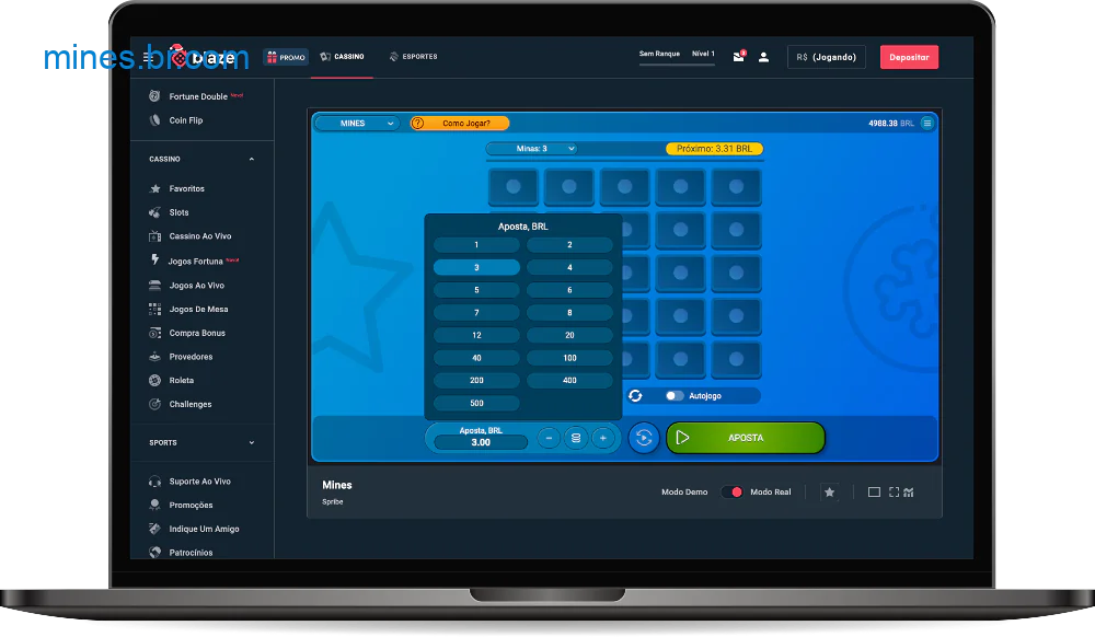 No jogo Mines, o usuário escolhe independentemente o tamanho da aposta, que determina o valor dos ganhos