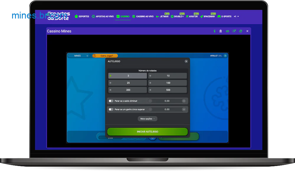 O jogo Mines do Cassino Esporte da Sorte apresenta um modo automático