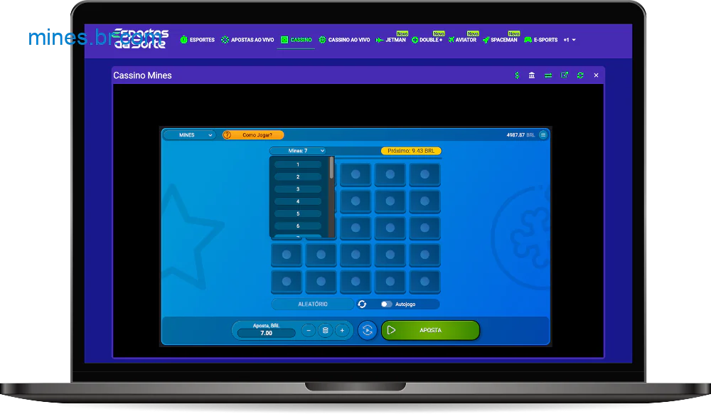 O jogo Mines do Cassino Esporte da Sorte oferece a opção de aumentar a dificuldade colocando mais minas