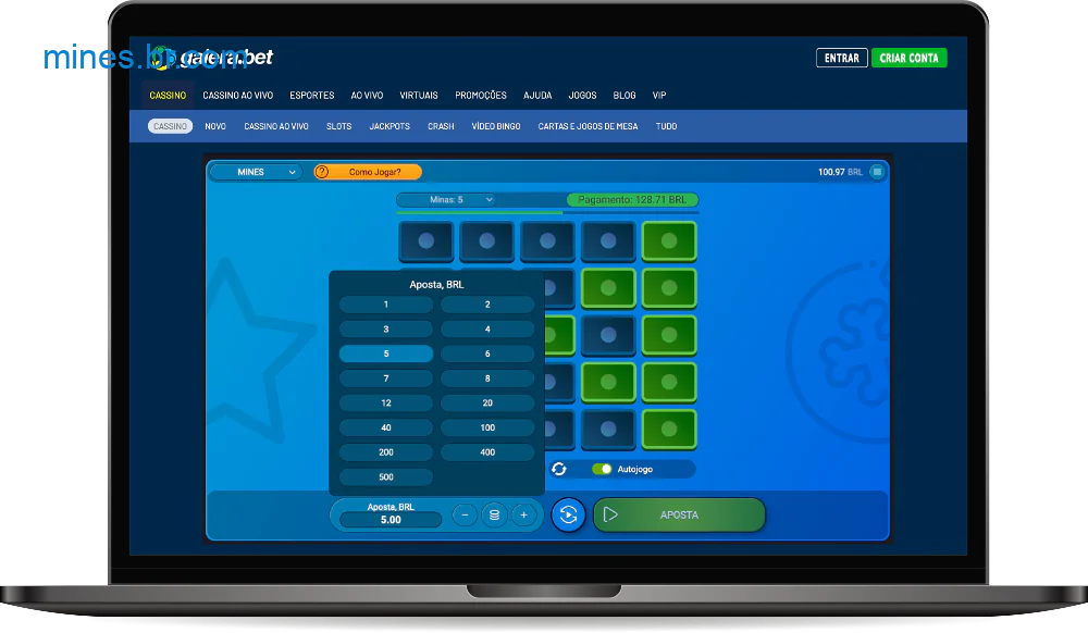 Os usuários do cassino Galerabet podem definir o tamanho de sua própria aposta no jogo Mines