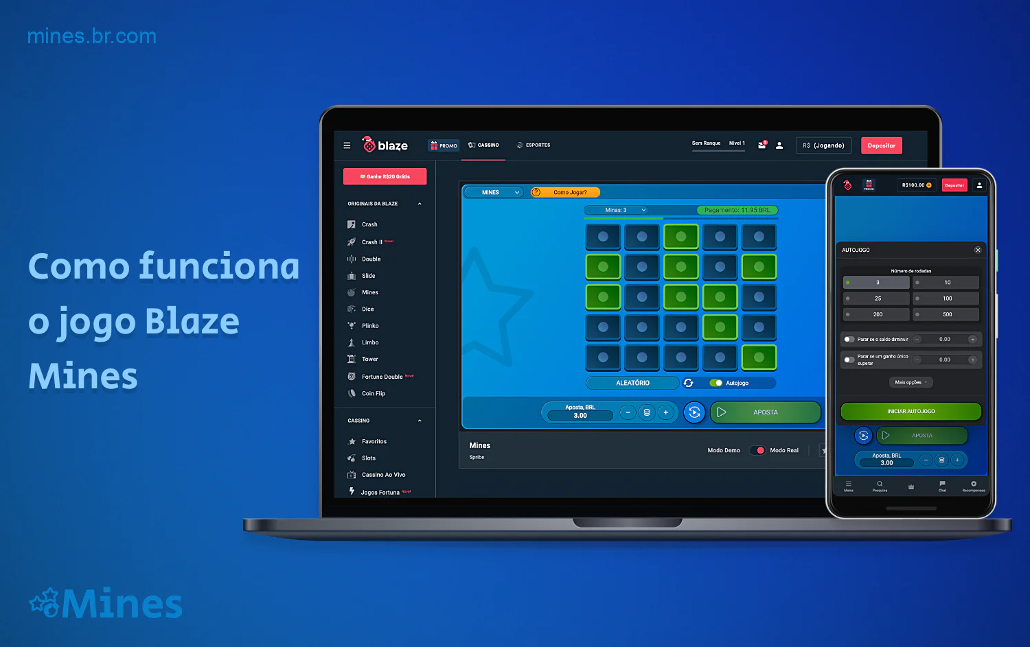 Na plataforma Blaze, os usuários do Brasil podem jogar Mines, seja gratuitamente no modo de demonstração ou com dinheiro real