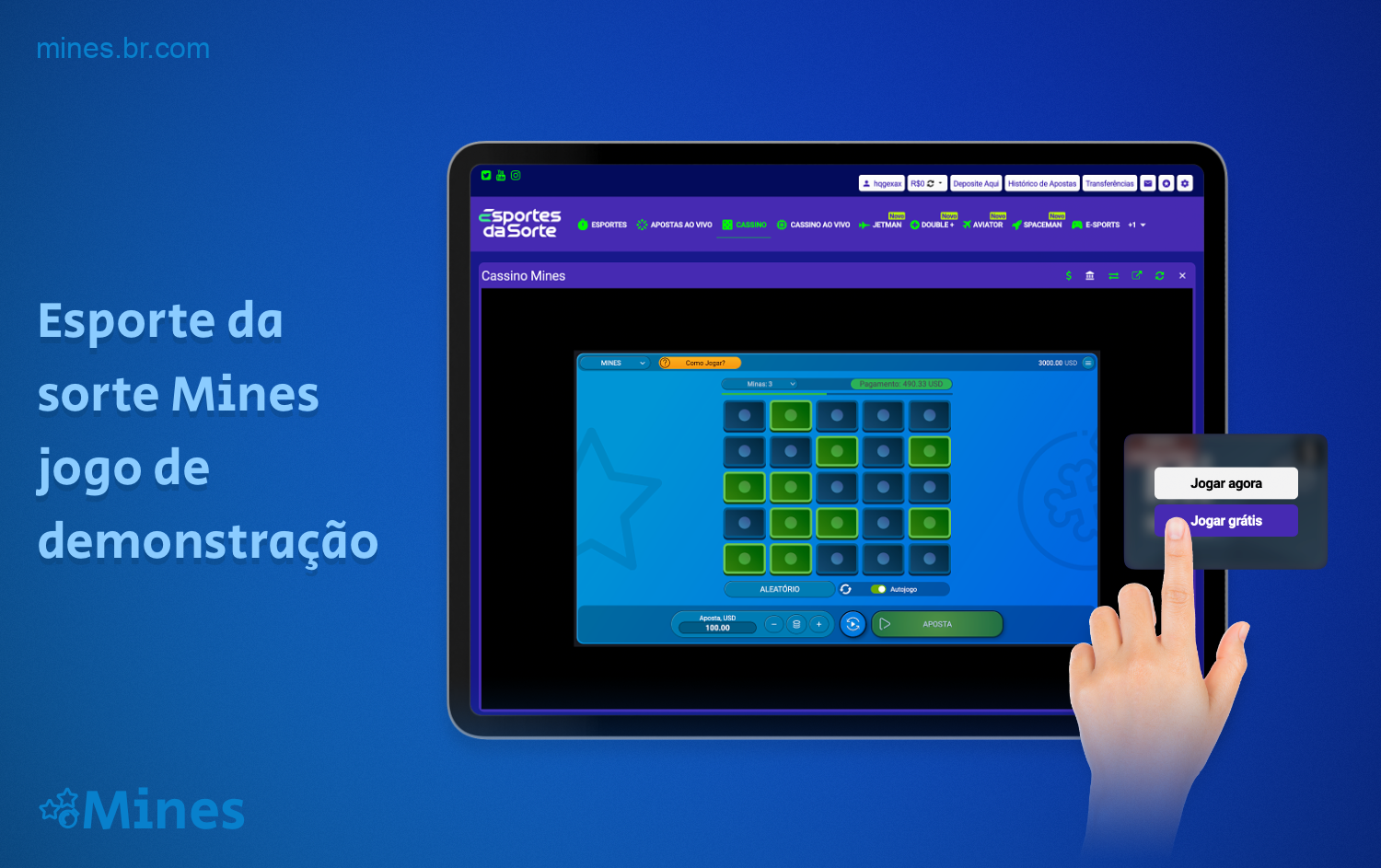 No cassino Esporte da sorte, os usuários do Brasil podem jogar uma versão de demonstração do jogo Mines