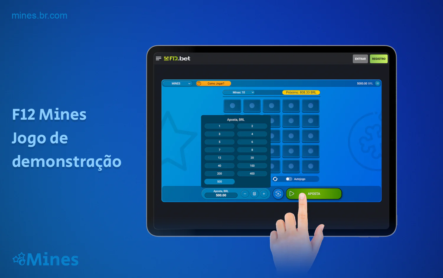Uma versão de demonstração do jogo Mines está disponível para todos os visitantes do site oficial da F12 Bet no Brasil