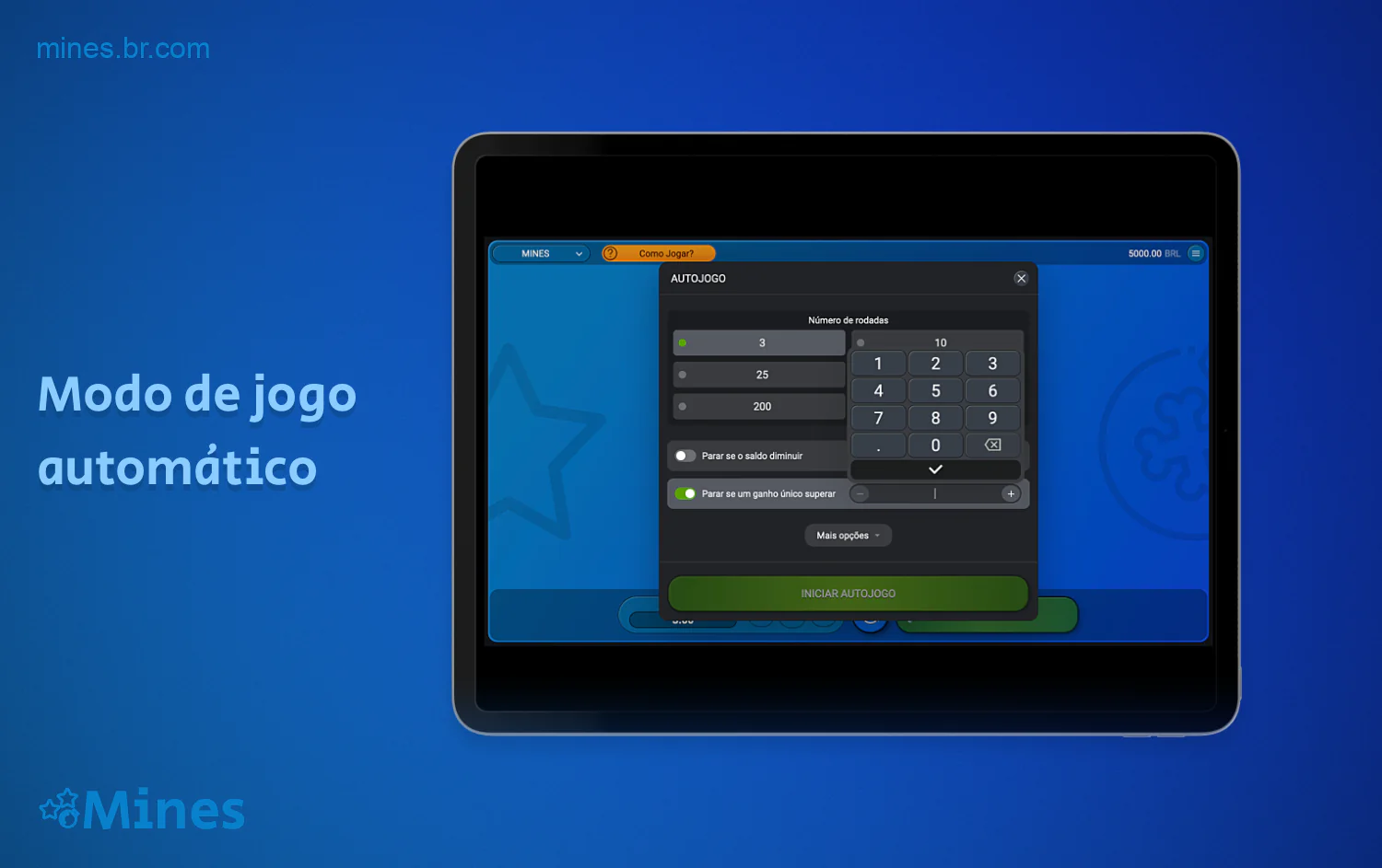 No jogo Mines, você pode apostar no modo automático