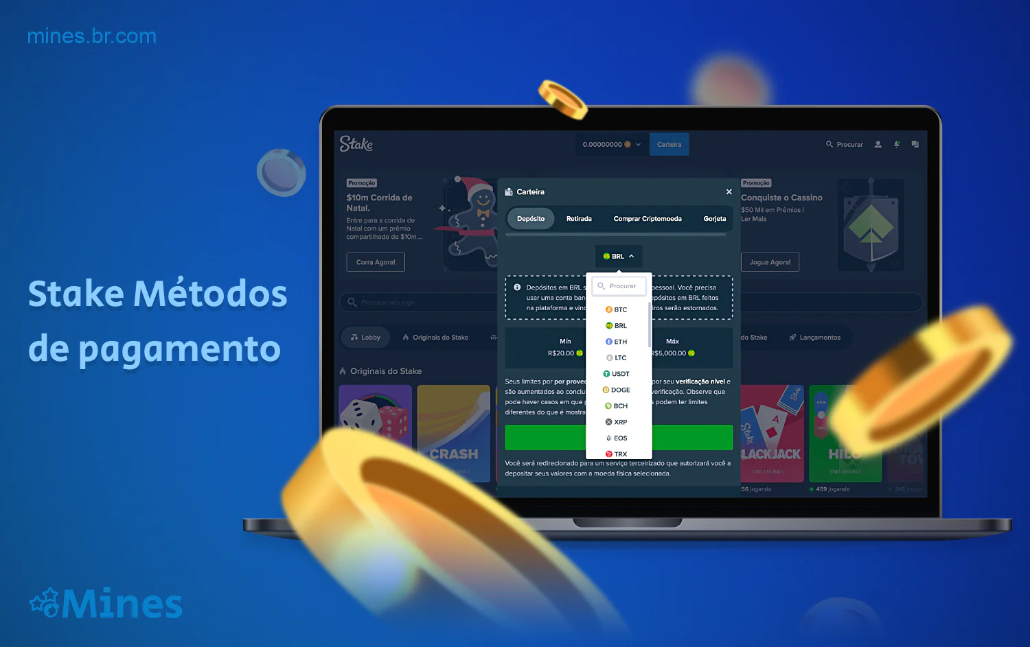 Você pode fazer um depósito e retirar seus ganhos do Stake Casino usando várias criptomoedas