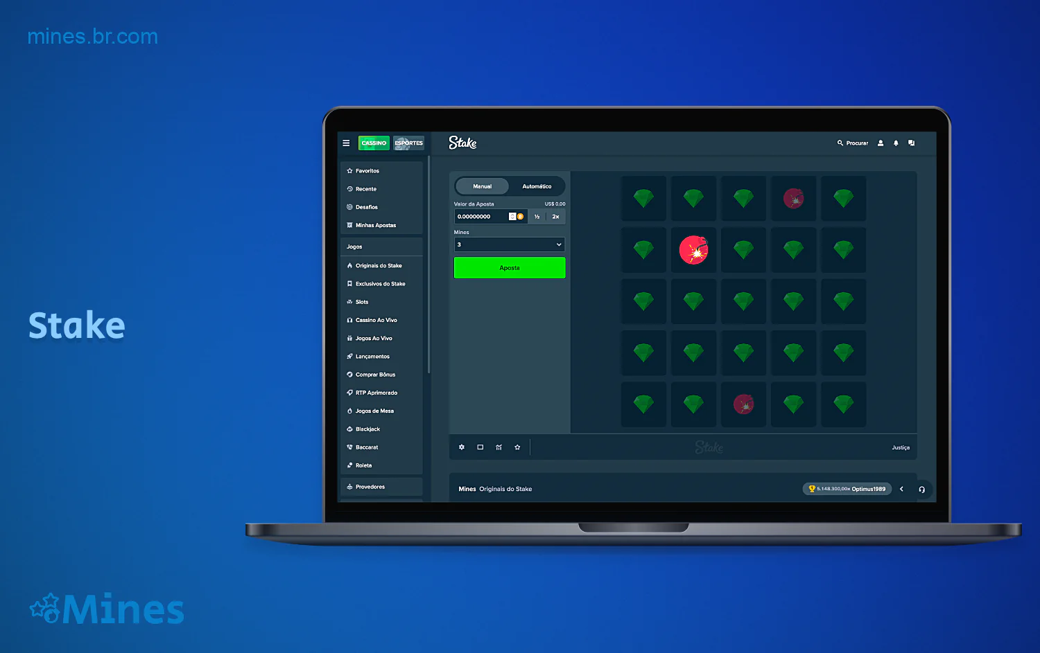 No cassino Stake, os brasileiros podem apostar em minas a partir de R$ 1